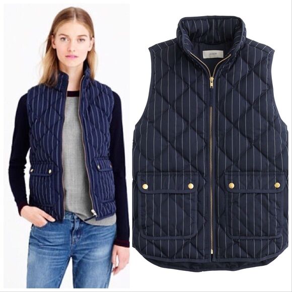 [J. Crew] Navy Blue Excursion Vest Striped Quilted Down Filled Puffer Vest Sz XS - Picture 1 of 10